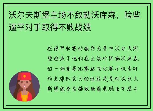沃尔夫斯堡主场不敌勒沃库森，险些逼平对手取得不败战绩