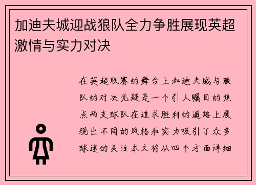 加迪夫城迎战狼队全力争胜展现英超激情与实力对决
