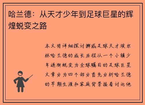 哈兰德：从天才少年到足球巨星的辉煌蜕变之路